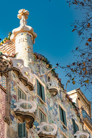 Exterior low angle detail view of batllo house, a famous gaudi masterpiece atchitecture located in barcelona city, spainのeditorial素材