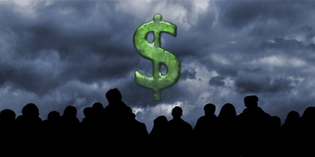 Graphic financial or economic concept background design with group of people silhouette over stormy...