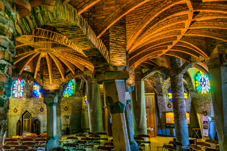 Interior view of guell crypt, a masterpiece gaudi architecture located at catalunya outside townのeditorial素材