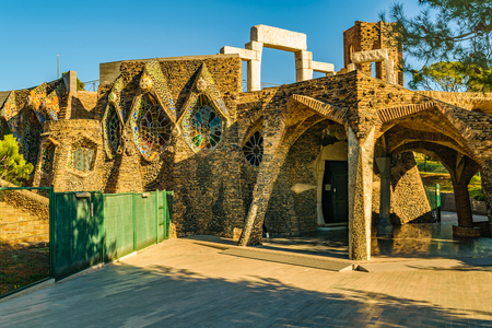 CATALUNYA, SPAIN, JANUARY - 2018 - Exterior view of guell crypt, a masterpiece gaudi architecture located at catalunya outside townのeditorial素材