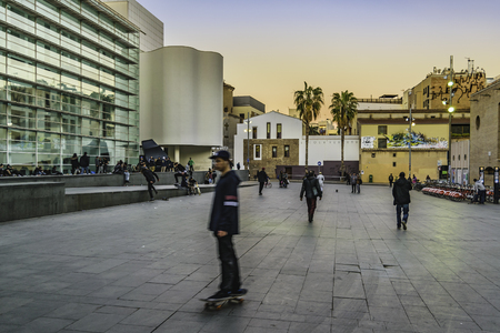 BARCELONA, SPAIN, JANUARY - 2018 - People at esplanade of angels square at the contemporary art museum of barcelona city, Sapinのeditorial素材