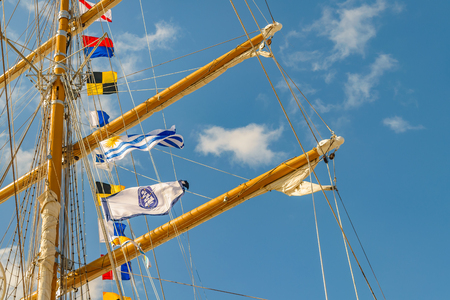 Low angle detail view sailing ship naval school masts.の写真素材