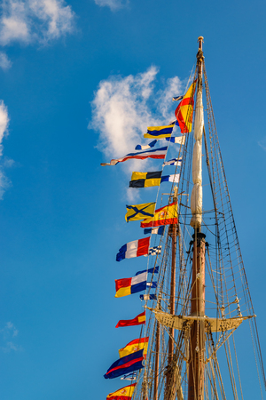 Low angle detail view sailing ship naval school masts.の写真素材