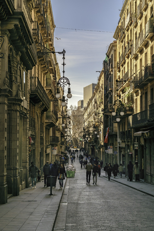 BARCELONA, SPAIN, JANUARY - 2018 - Urban day winter scene at tipical street at gothic district in barcelona city, spainのeditorial素材