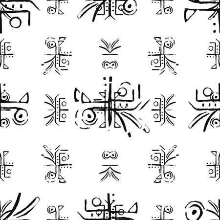 Mixed media art style graphic symbol shapes motif geometric ethnic or tribal seamless pattern design in black and white backgroundの写真素材