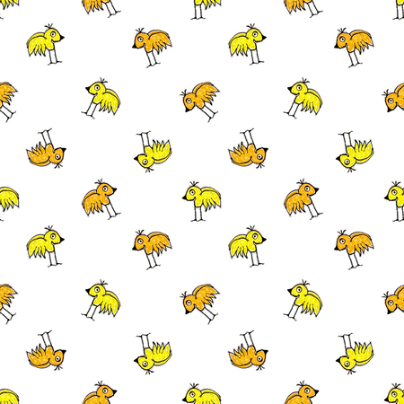 Conversational seamless pattern design with cartoon style birds drawing motif in warm colors over white backgroundの写真素材