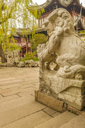 SHANGHAI, CHINA, DECEMBER - 2018 - Sixteenth century mythologic stone lion sculpture at yuyuan garden, shanghai, chinaのeditorial素材