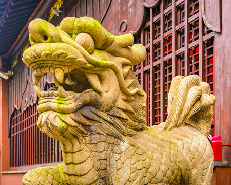 SHANGHAI, CHINA, DECEMBER - 2018 - Sixteenth century mythologic stone lion sculpture at yuyuan garden, shanghai, chinaのeditorial素材