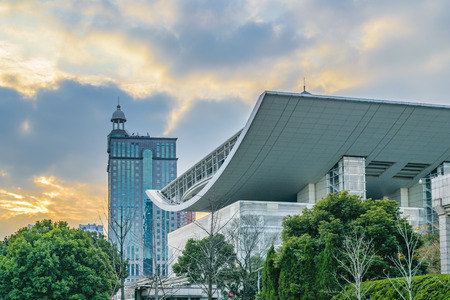 SHANGHAI, CHINA, JANUARY - 2019 - Exterior facade of contemporary building grand theatre located at...