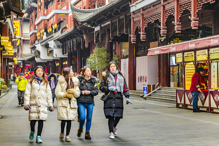 SHANGHAI, CHINA, DECEMBER - 2018 - People walking at pedestrian at traditional commercial old street in shanghai city, chinaのeditorial素材