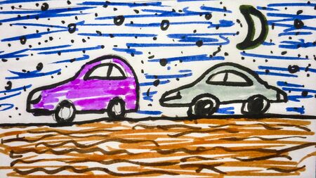 Kid style cartoon drawing depicting a two cars on the road with landscape at backgroundの写真素材
