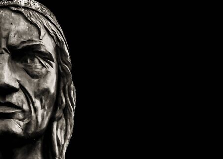 San Luis main church and ruminahui indigenous ecuadorian inca hero monument in Otavalo city in Ecuador, South Americaの写真素材