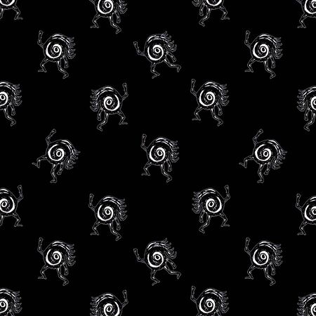Conversational seamless pattern design with funny monster motif drawing in black and white colorsの写真素材