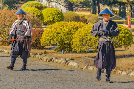 MATSUMOTO, JAPAN, JANUARY - 2019 - Two men with samurai costume at matsumoto castle, matsumoto, japanのeditorial素材