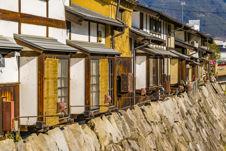 MATSUMOTO, JAPAN, JANUARY - 2019 - Riverfront houses at matsumoto river, nagano district, japanのeditorial素材