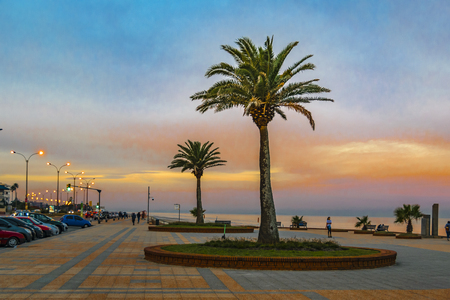 MONTEVIDEO, URUGUAY, MAY - 2019 - Urban sunset scene at beachfront square in carrasco neighborhood, montevideo, uruguayのeditorial素材
