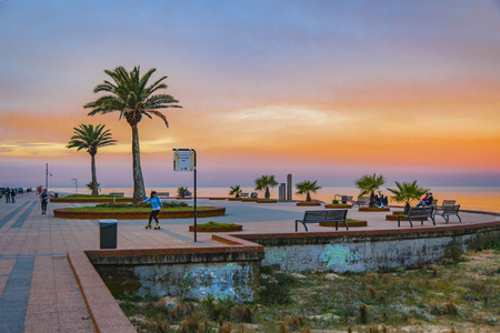 MONTEVIDEO, URUGUAY, MAY - 2019 - Urban sunset scene at beachfront square in carrasco neighborhood, montevideo, uruguayのeditorial素材