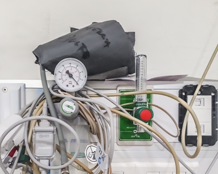 MONTEVIDEO, URUGUAY, JUNE - 2019 - Interior detail scene of equipment at hospital emergency room.のeditorial素材