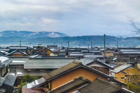 KYOTO, JAPAN, JANUARY - 2019 - Kyoto prefecture winter landscape scene from window train point of viewのeditorial素材