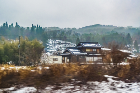 KYOTO, JAPAN, JANUARY - 2019 - Kyoto prefecture winter landscape scene from window train point of viewのeditorial素材