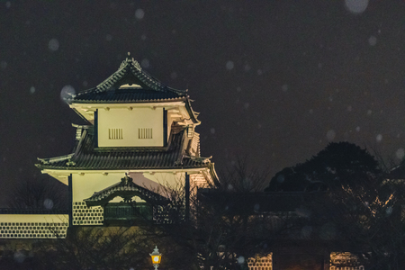 Exterior night scene of famous kanazawa castle at kanazawa city, japanのeditorial素材