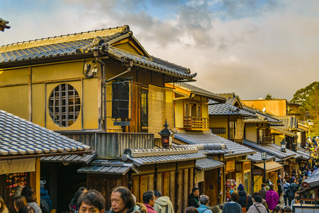 KYOTO, JAPAN, JANUARY - 2019 - Winter urban scene at traditional touristic street of gion at kyoto city, japanのeditorial素材