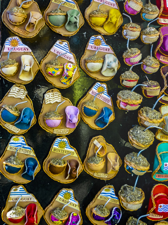 MONTEVIDEO, URUGUAY, AUGUST - 2019 - Uruguayan symbols souvenirs on sale at traditional weekend street fair at montevideo city, uruguayのeditorial素材