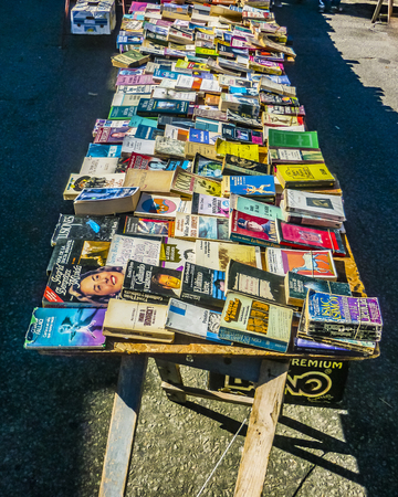 MONTEVIDEO, URUGUAY, AUGUST - 2019 - Used books on sale at traditional weekend street fair at montevideo city, uruguayのeditorial素材