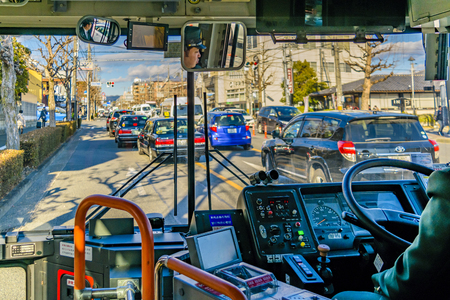 KYOTO, JAPAN, JANUARY - 2019 - Interior urban scene bus dirver point of view kyoto prefecture, japanのeditorial素材