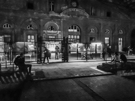MONTEVIDEO, URUGUAY, JUNE - 2019 - Night scene event at abandoned old train station in montevideo city, uruguayのeditorial素材