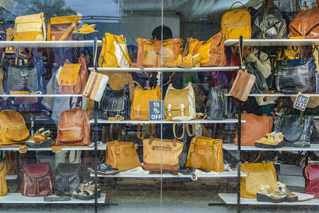 MONTEVIDEO, URUGUAY, SEPTEMBER - 2019 - Leather accessories store facade at rural exhibition at prado neighborhood in montevideo city, uruguayのeditorial素材