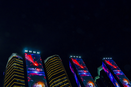 SHANGHAI, CHINA, DECEMBER - 2018 - Night urban scene at modern lujiazui financial district of shanghai city, chinaのeditorial素材