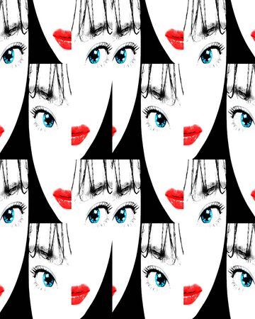 Conversational cartoon or anime stlye close up portrait young beautiful woman face collage patternの写真素材