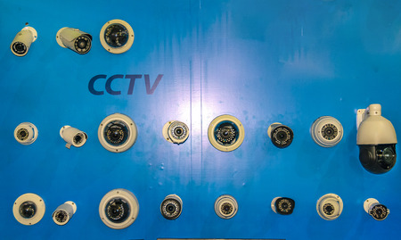 MONTEVIDEO, URUGUAY, OCTOBER - 2019 - Group of security cameras displayed at construction fair, montevideo city, uruguayのeditorial素材
