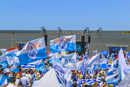 MONTEVIDEO, URUGUAY, NOVEMBER - 2019 - Crowd at political act celebration of  the assumption of new uruguayan president luis lacalle pou.のeditorial素材