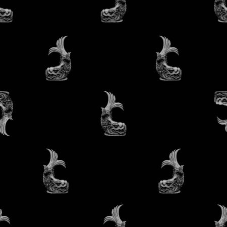 Conversational seamless pattern design mythological fish stone sculpture motif in black and white colorsの写真素材