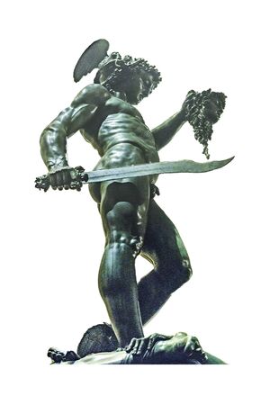 Low angle side view of famous Perseo with Medusa head cellini sculpture photo isolated on white...