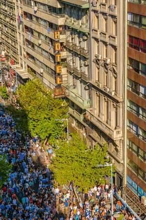 MONTEVIDEO, URUGUAY, MARCH - 2020 - Cityscape aerial view of 18 de julio avenue at assumption of Lacalle Pou Herrera as new president of uruguayan republic paradeのeditorial素材