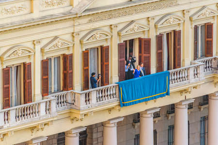 MONTEVIDEO, URUGUAY, MARCH - 2020 - Aerial view new president Lacalle Pou Herrera and his vice president Beatriz Argimon greeting the public as assumption act.のeditorial素材