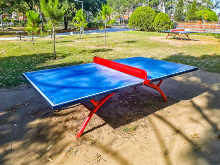 PUNTA DEL ESTE, URUGUAY, FEBRUARY - 2020 - table tennis table at empty urban park at punta del este city, Uruguayのeditorial素材