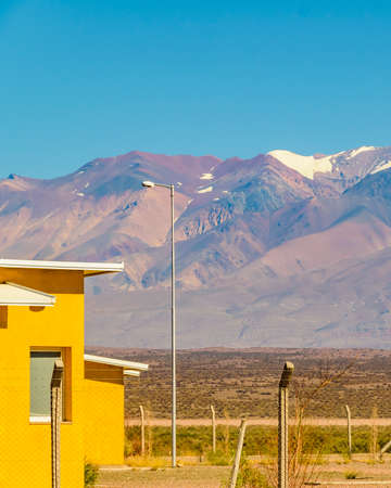 Snowy andean mountains landscape at san juan province, argentinaの写真素材
