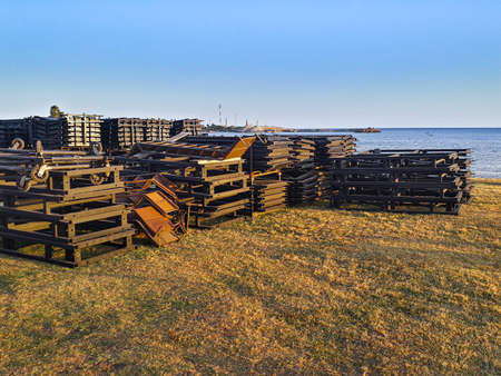 Concert installation structure over grass at coast, montevideo, uruguay
