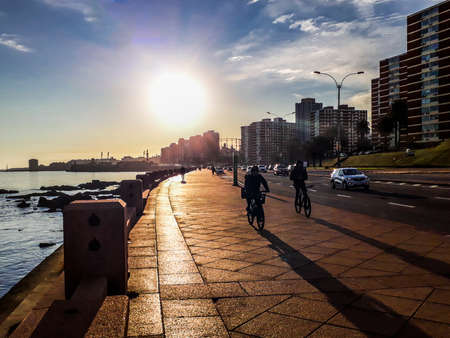 MONTEVIDEO, URUGUAY, JULY - 2020 - Urban boardwalk coastal scene in montevideo city, uruguayのeditorial素材