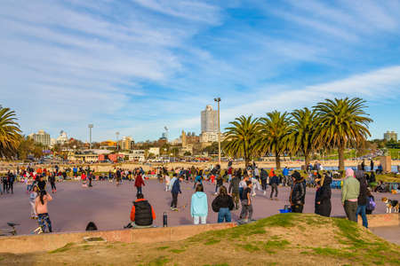 MONTEVIDEO, URUGUAY, AUGUST - 2020 - Young crowd at roller track at bolivar urban park, montevideo, uruguayのeditorial素材