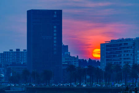 Sunset coastal urban scene at parque rodo neighborhood, montevideo city, uruguayのeditorial素材