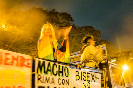 MONTEVIDEO, URUGUAY, SEPTEMBER - 2020 - Night scene diversity parade celebration, montevideo city,...