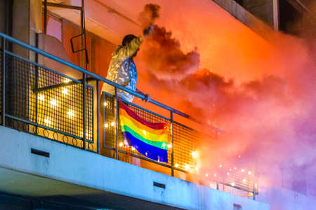 MONTEVIDEO, URUGUAY, SEPTEMBER - 2020 - Night scene diversity parade celebration, montevideo city, uruguayのeditorial素材