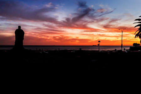 Night urban coastal sunset silhouette scene, montevideo city, uruguay