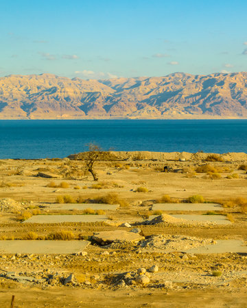 Long distant shot dead sea landscape, israelの写真素材