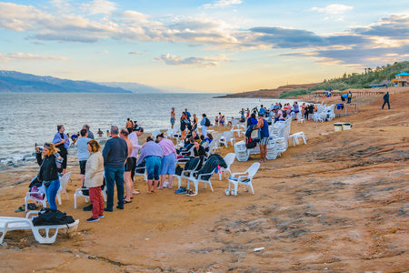 JERUSALEM, ISRAEL, DECEMBER - 2019 - People enjoying famous dead sea kalia beach, israelのeditorial素材
